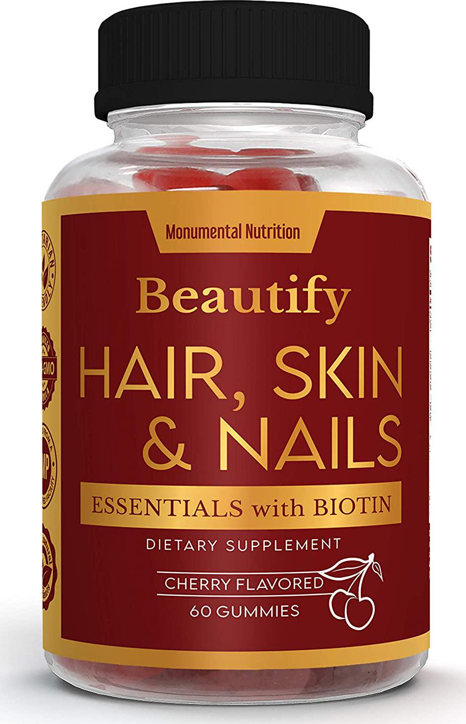 Beautify Hair, Skin and Nails Gummies, Biotin and Vitamin Essentials, NonGelatin, NonGMO, Vegetarian, Cherry Flavor, for Ladies, Women, Adults, 60 Count (30 Day Supply)