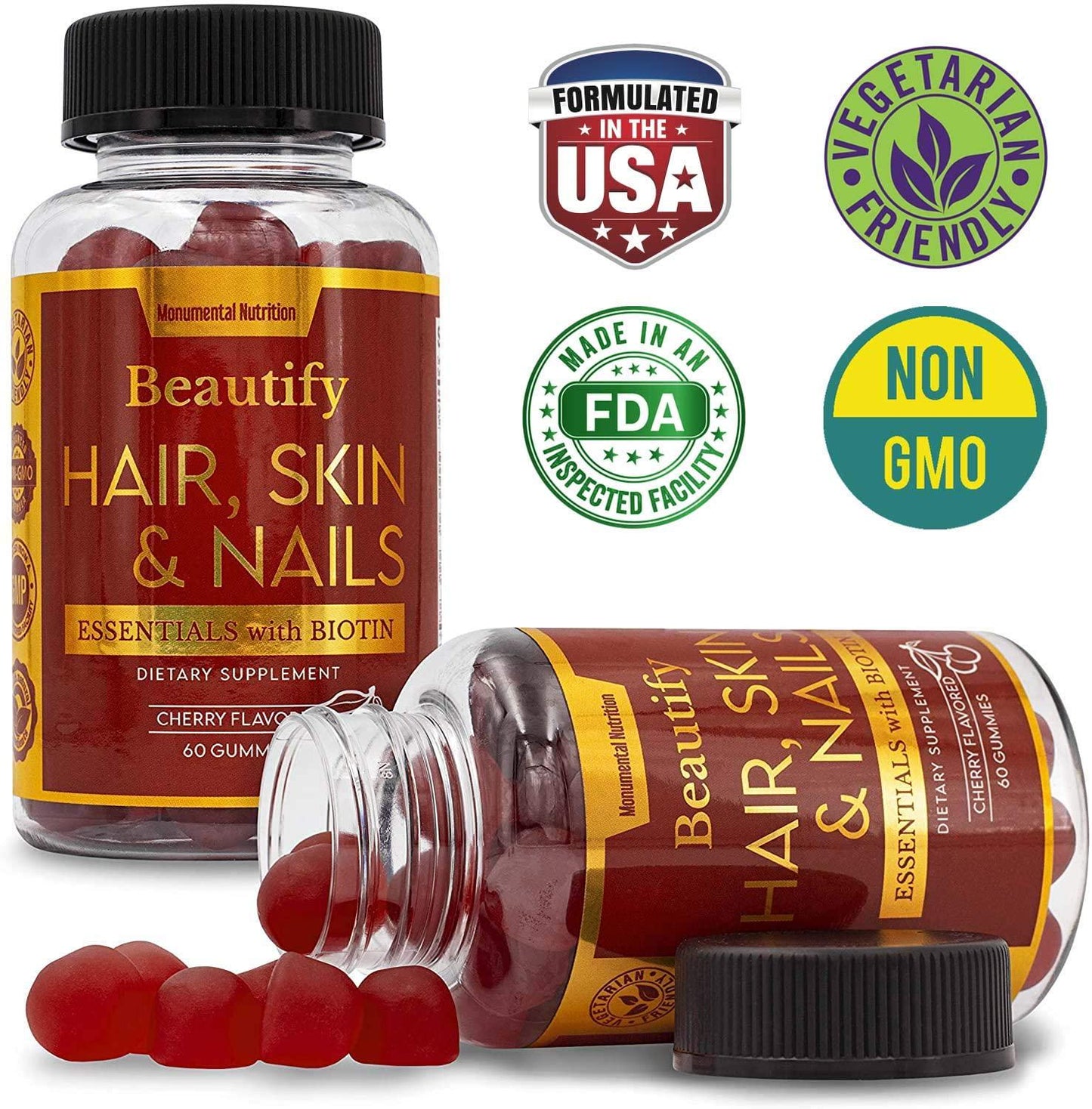 Beautify Hair, Skin and Nails Gummies, Biotin and Vitamin Essentials, NonGelatin, NonGMO, Vegetarian, Cherry Flavor, for Ladies, Women, Adults, 60 Count (30 Day Supply)