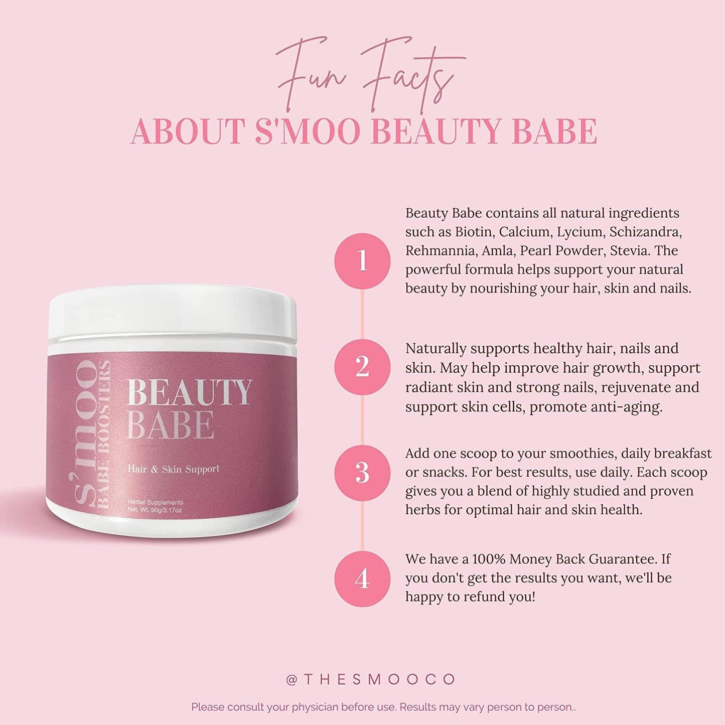 Beauty Babe by S'moo l Strengthen Hair, Skin and Nails l Hydration, Skin Elasticity + Cell Vitality l Antioxidant Properties + Skin Protection l Powder Supplement for Women l Made in USA (30 Servings)