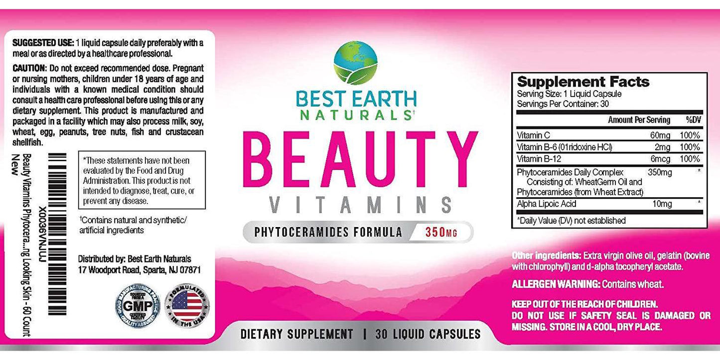 Beauty Vitamins Phytoceramide Pills - Moisturizing and Wrinkle Filling Supplement with Alpha Lipoic Acid and More for Hydrated, Younger Looking Skin - 60 Count