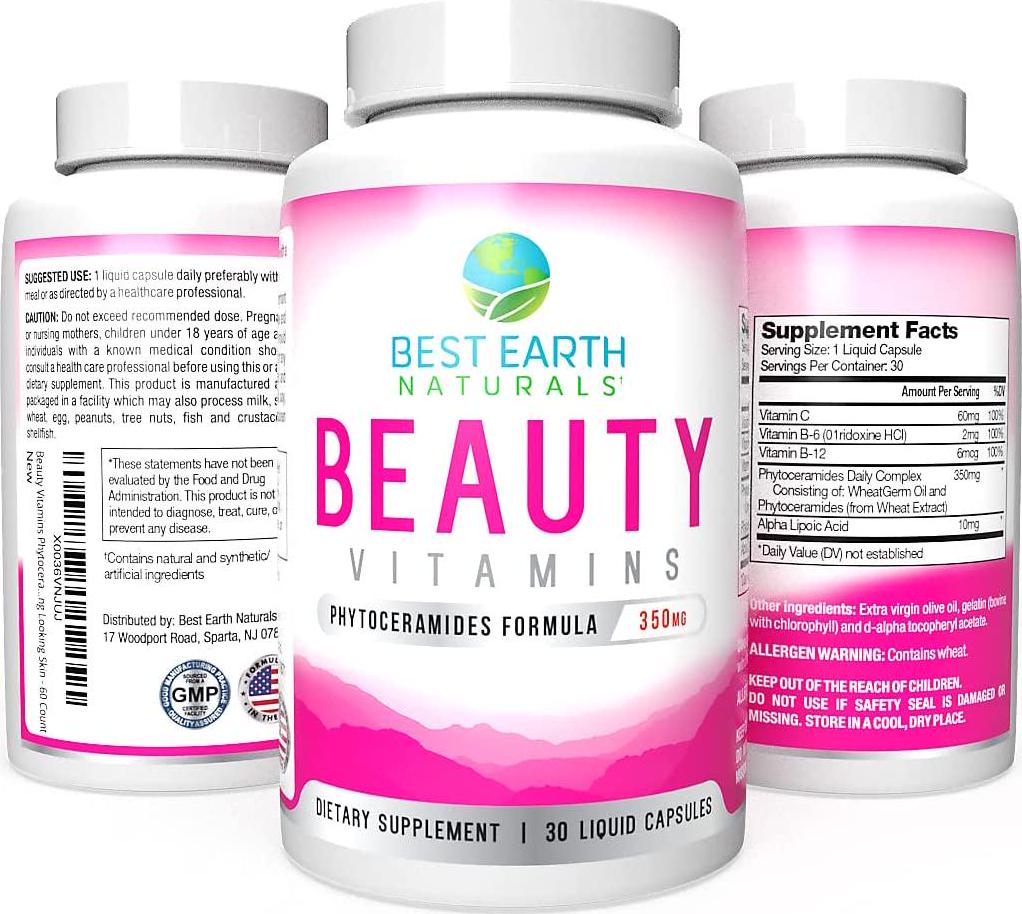 Beauty Vitamins Phytoceramide Pills - Moisturizing and Wrinkle Filling Supplement with Alpha Lipoic Acid and More for Hydrated, Younger Looking Skin - 60 Count