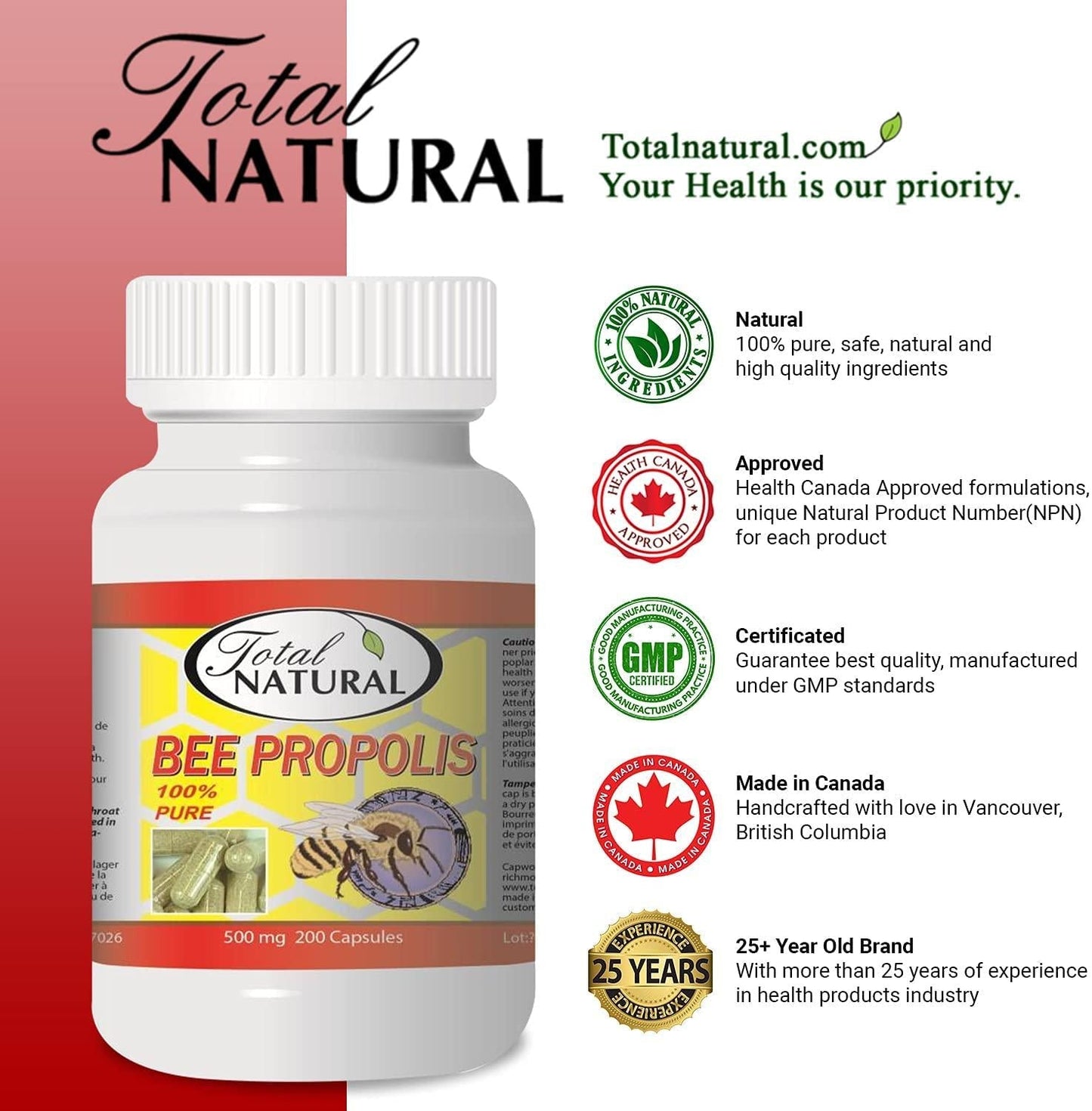 Bee Propolis 500mg 200c [1 Bottle] by Total Natural, Anti-Inflammatory, Battling Free Radicals, Safe and Natural Antioxidant Health Supplement, GMP Premium Ingredients