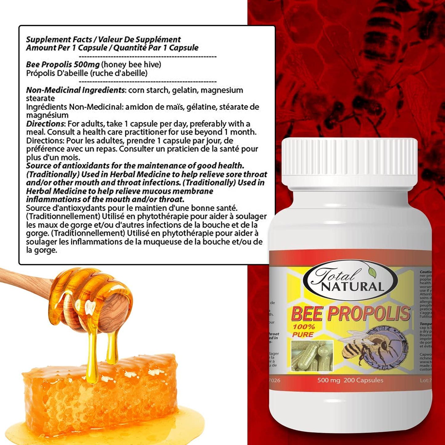 Bee Propolis 500mg 200c [1 Bottle] by Total Natural, Anti-Inflammatory, Battling Free Radicals, Safe and Natural Antioxidant Health Supplement, GMP Premium Ingredients