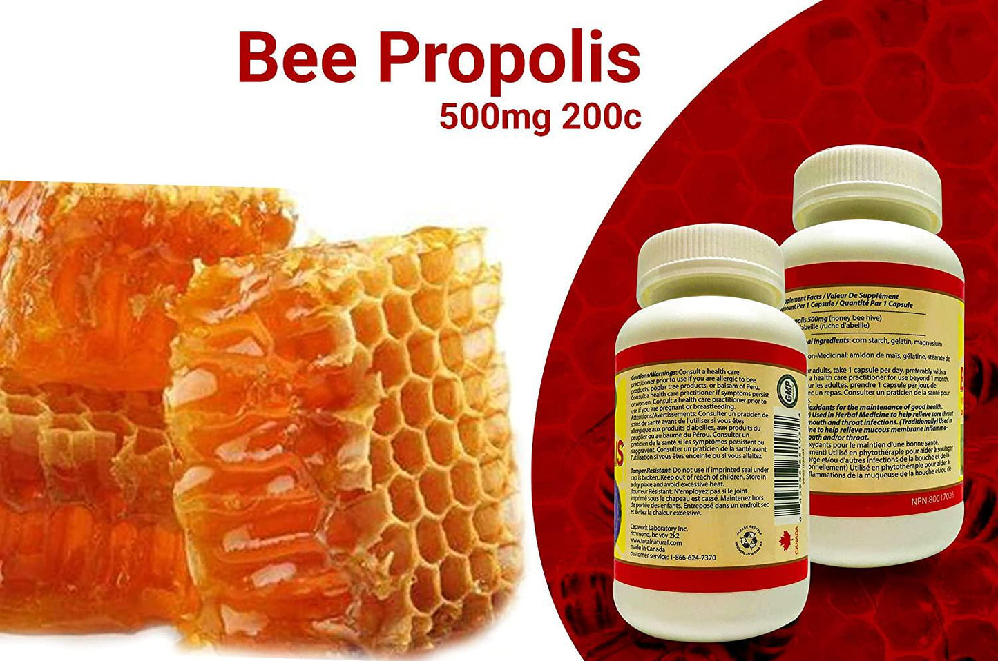 Bee Propolis 500mg 200c [1 Bottle] by Total Natural, Anti-Inflammatory, Battling Free Radicals, Safe and Natural Antioxidant Health Supplement, GMP Premium Ingredients