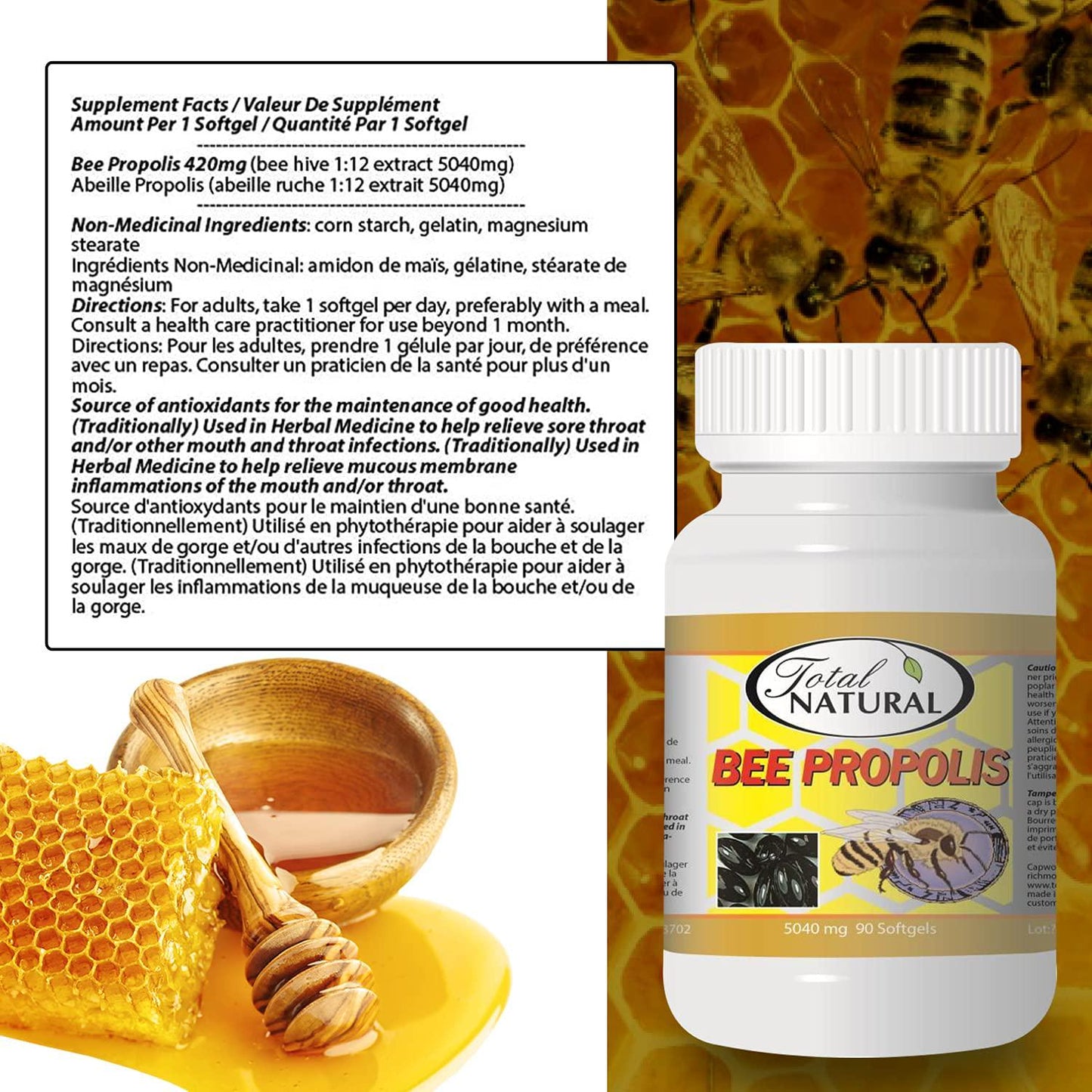 Bee Propolis 5040mg 90 Softgels [1 Bottle] by Total Natural, Safe and Natural Antioxidant Health Supplement, GMP Premium Ingredients