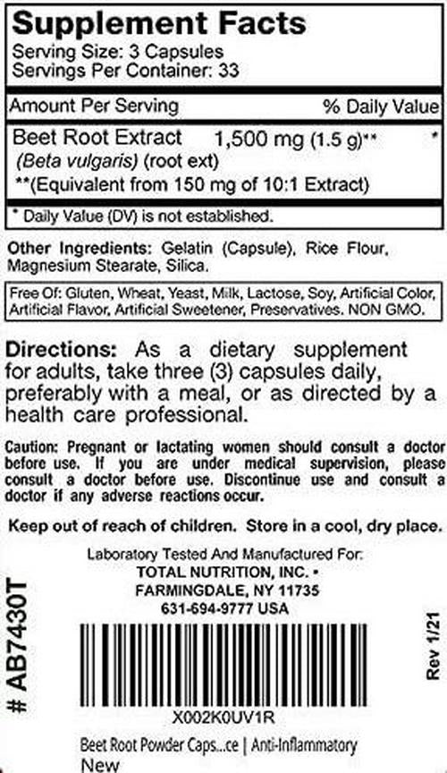 Beet Root 1500 Mg | 100 Capsules | Non-GMO and Gluten-Free | Heart Health Supplement and Blood Pressure Support* | Beet and Dietary Nitrates for Athletic Performance | by TNVitamins