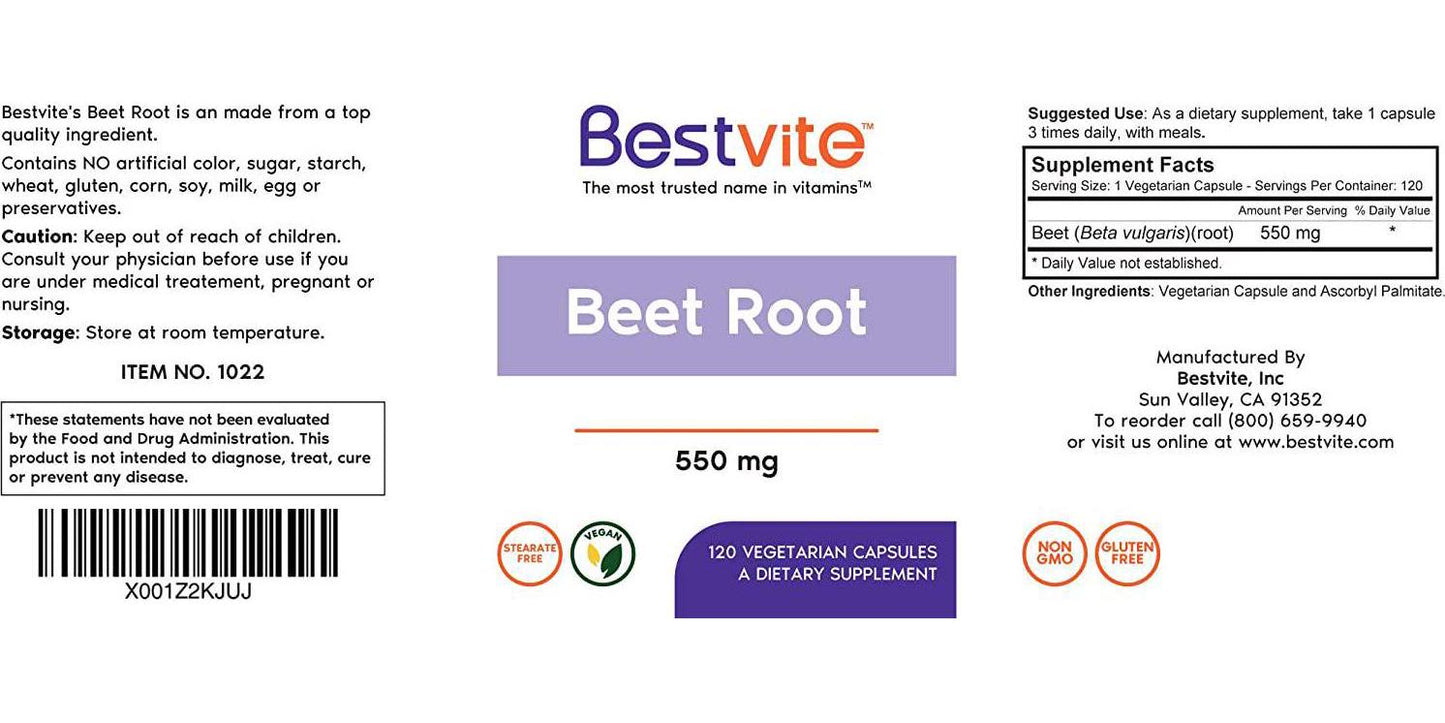 Beet Root 550mg (120 Vegetarian Capsules) - No Stearates - No Fillers - Vegan - Non-GMO - Gluten Free