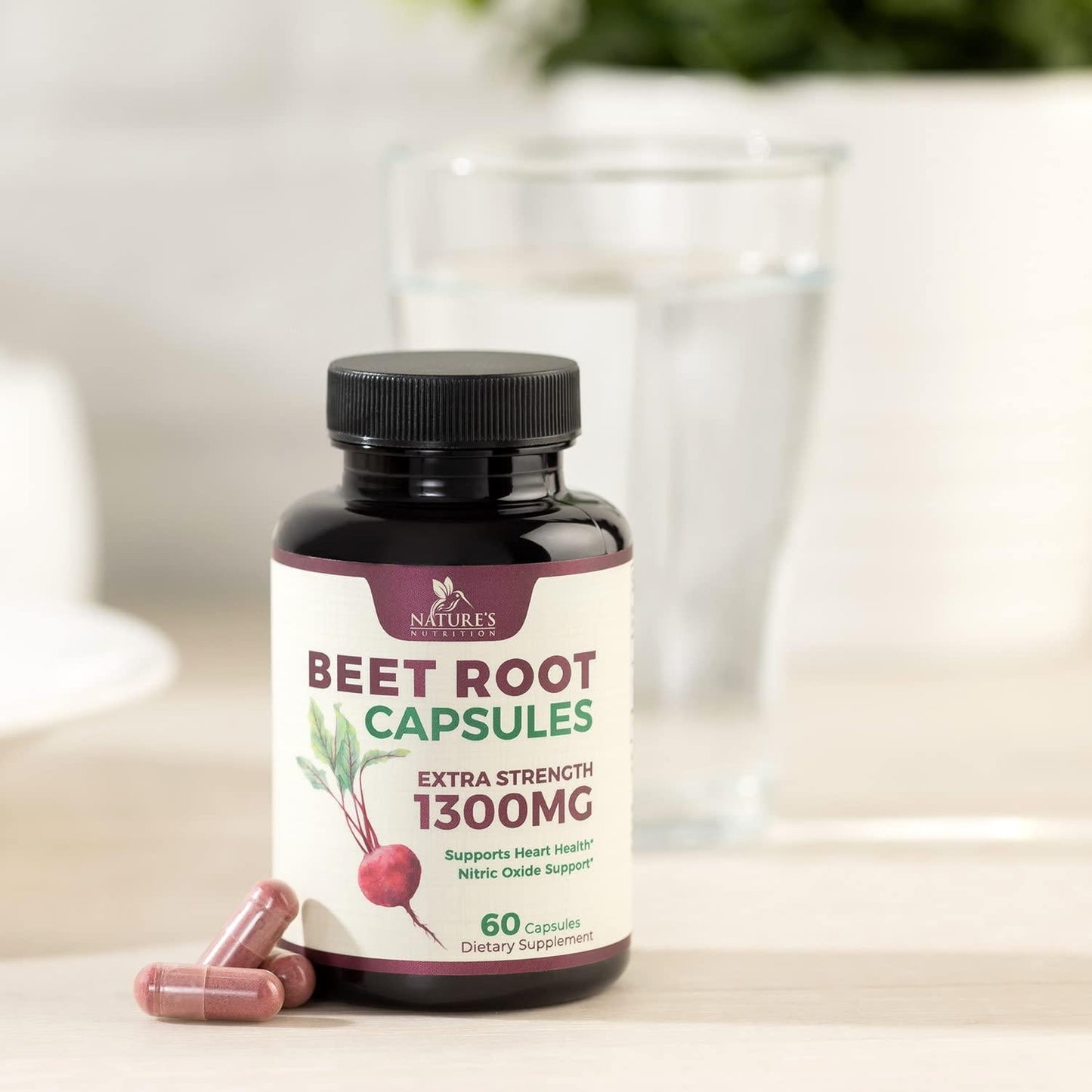 Beet Root Capsules - 1300mg Per Serving - Natural Beetroot Powder Extract - USA Bottled - Vegan Herbal Nitrate Supplement - Nitric Oxide Supports Natural Endurance and Energy - NonGMO - 60 Capsules