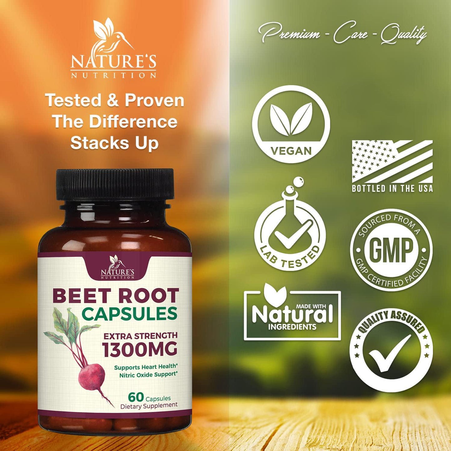 Beet Root Capsules - 1300mg Per Serving - Natural Beetroot Powder Extract - USA Bottled - Vegan Herbal Nitrate Supplement - Nitric Oxide Supports Natural Endurance and Energy - NonGMO - 60 Capsules