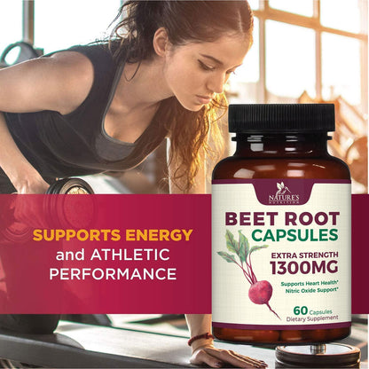 Beet Root Capsules - 1300mg Per Serving - Natural Beetroot Powder Extract - USA Bottled - Vegan Herbal Nitrate Supplement - Nitric Oxide Supports Natural Endurance and Energy - NonGMO - 60 Capsules