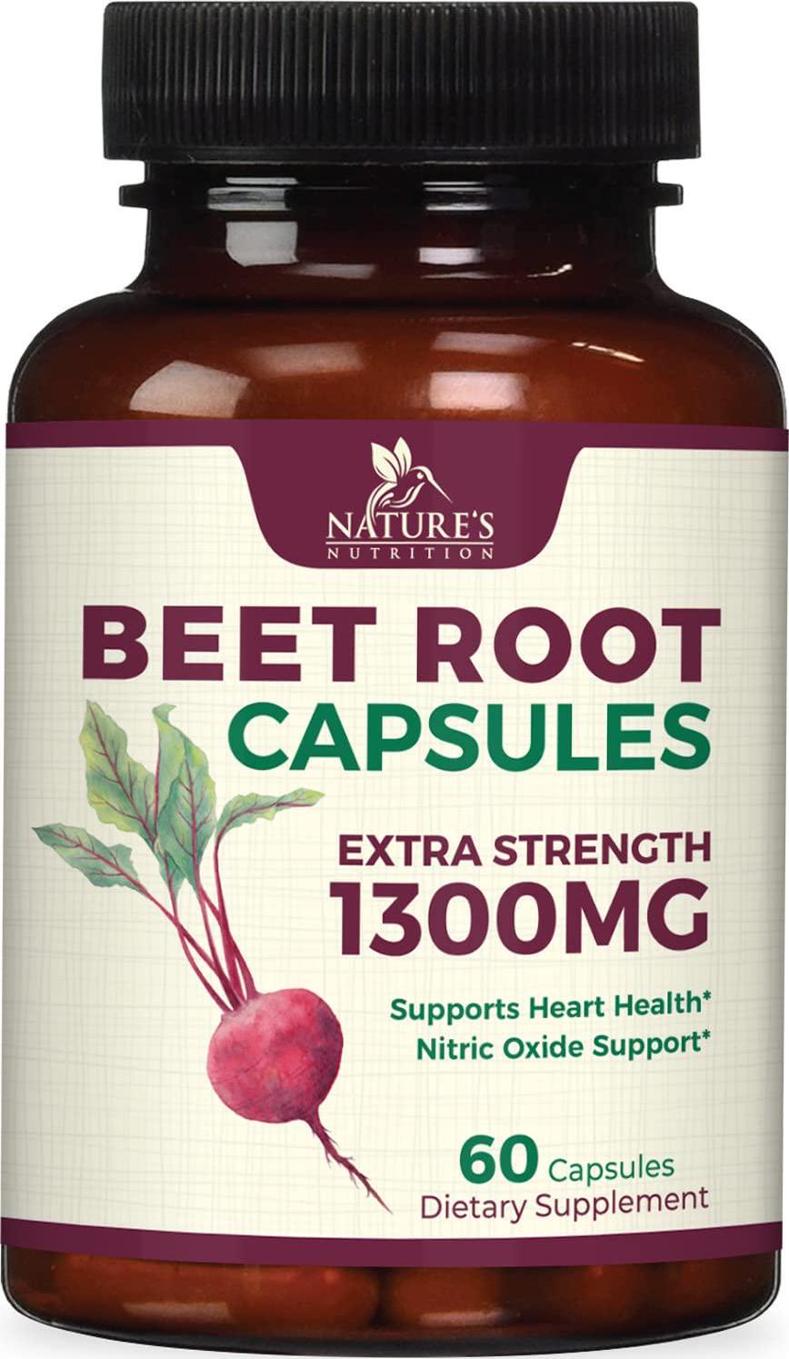 Beet Root Capsules - 1300mg Per Serving - Natural Beetroot Powder Extract - USA Bottled - Vegan Herbal Nitrate Supplement - Nitric Oxide Supports Natural Endurance and Energy - NonGMO - 60 Capsules