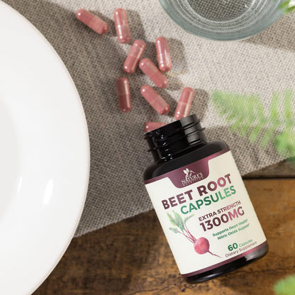 Beet Root Capsules - 1300mg Per Serving - Natural Beetroot Powder Extract - USA Bottled - Vegan Herbal Nitrate Supplement - Nitric Oxide Supports Natural Endurance and Energy - NonGMO - 60 Capsules