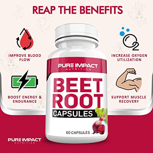 Beet Root Capsules Nitric Oxide | Non-GMO Beet Root Extract 1000mBeet Supplement | 60 Beet Capsules | Beetroot Supplement Capsules by Pure Impact Nutrition (1 Pack)
