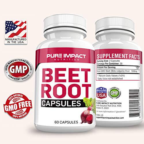 Beet Root Capsules Nitric Oxide | Non-GMO Beet Root Extract 1000mBeet Supplement | 60 Beet Capsules | Beetroot Supplement Capsules by Pure Impact Nutrition (1 Pack)