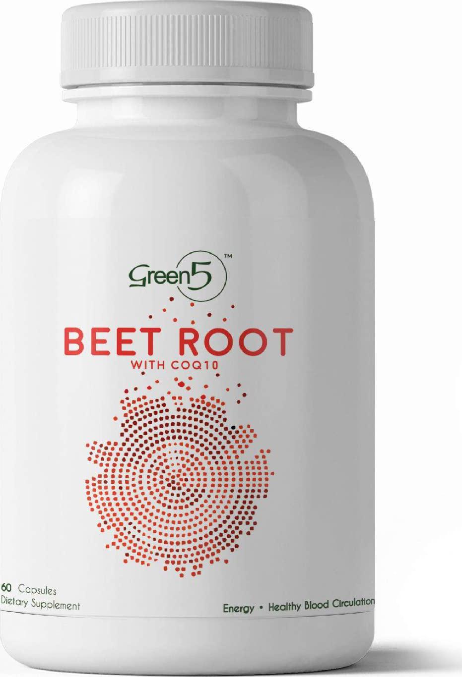 Beet Root Capsules Powder Supplement 1350mg with CoQ10 Energy Nitric Oxide Booster Blood Pressure Support Healthy Circulation Athletic Performance Antioxidant Immune Support 60 Ct 1 Month Supply