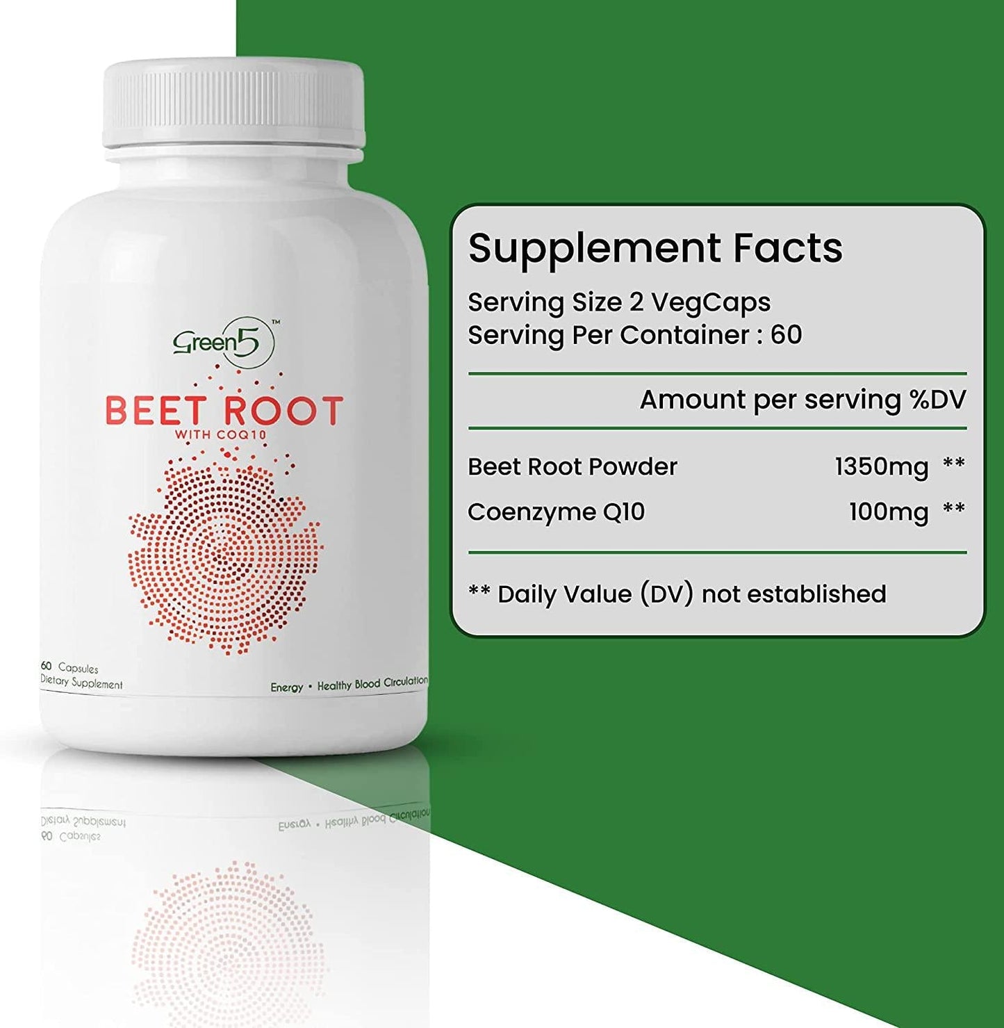 Beet Root Capsules Powder Supplement 1350mg with CoQ10 Energy Nitric Oxide Booster Blood Pressure Support Healthy Circulation Athletic Performance Antioxidant Immune Support 60 Ct 1 Month Supply