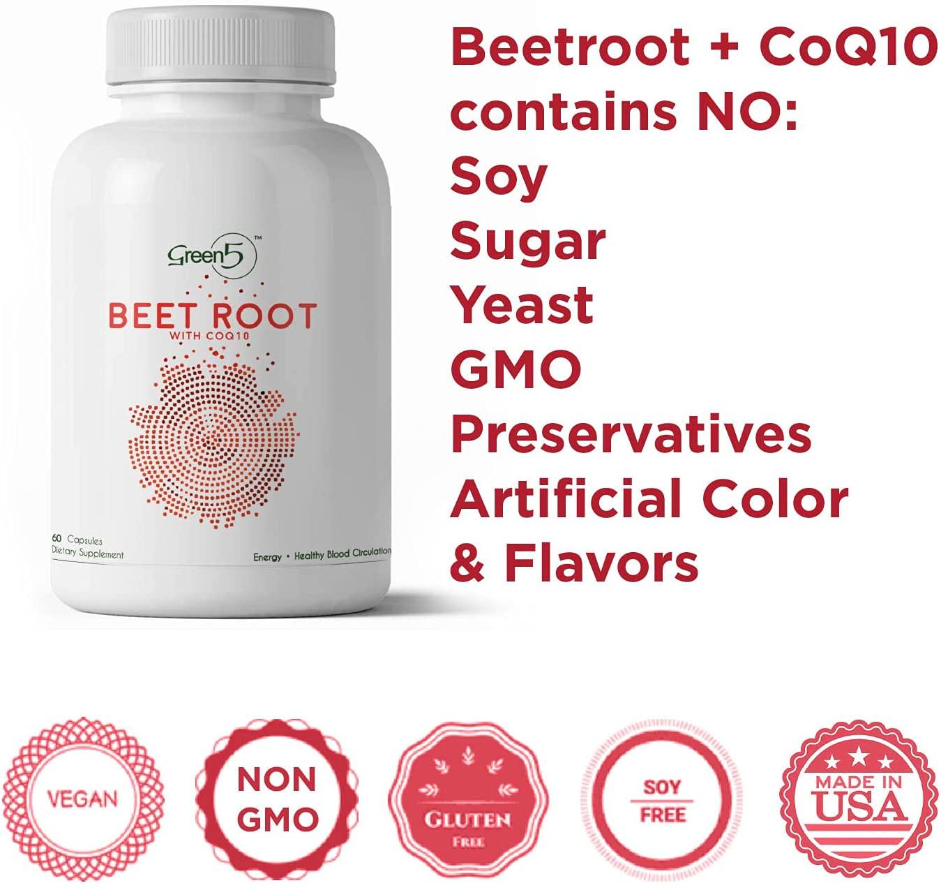 Beet Root Capsules Powder Supplement 1350mg with CoQ10 Energy Nitric Oxide Booster Blood Pressure Support Healthy Circulation Athletic Performance Antioxidant Immune Support 60 Ct 1 Month Supply