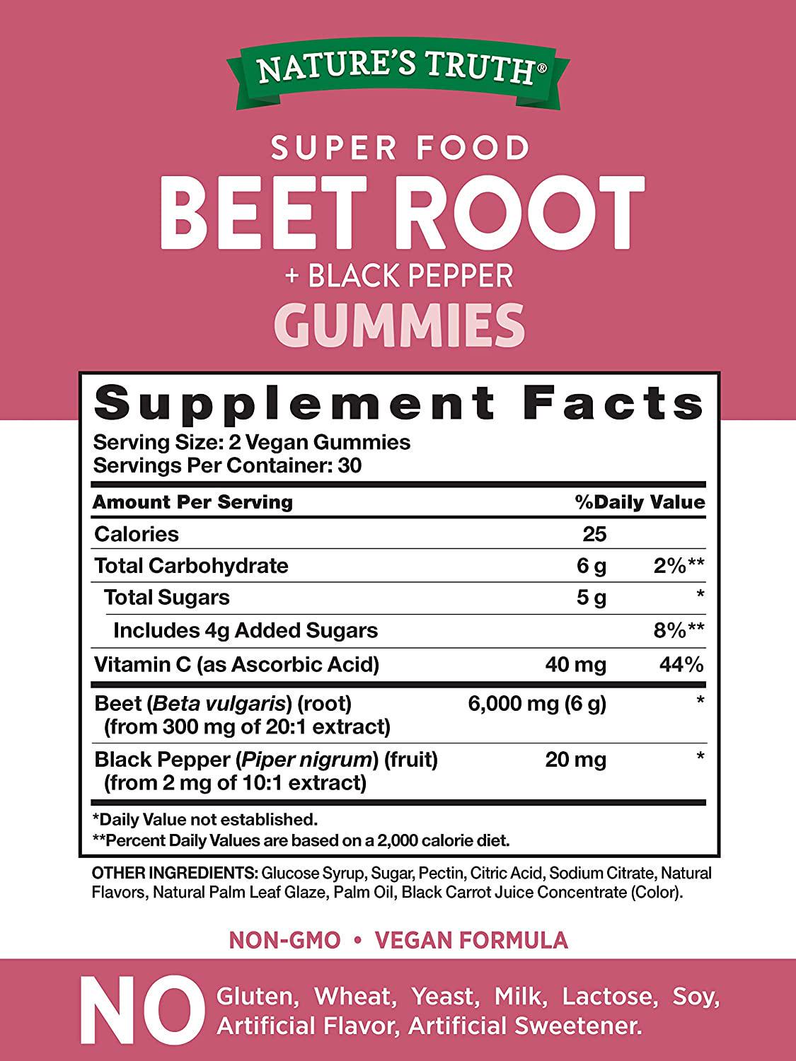 Beet Root Gummies | 60 Count | Vegan, Non-GMO and Gluten Free | Super Food Supplement | with Black Pepper | Natural Strawberry Flavor | by Nature&#039;s Truth