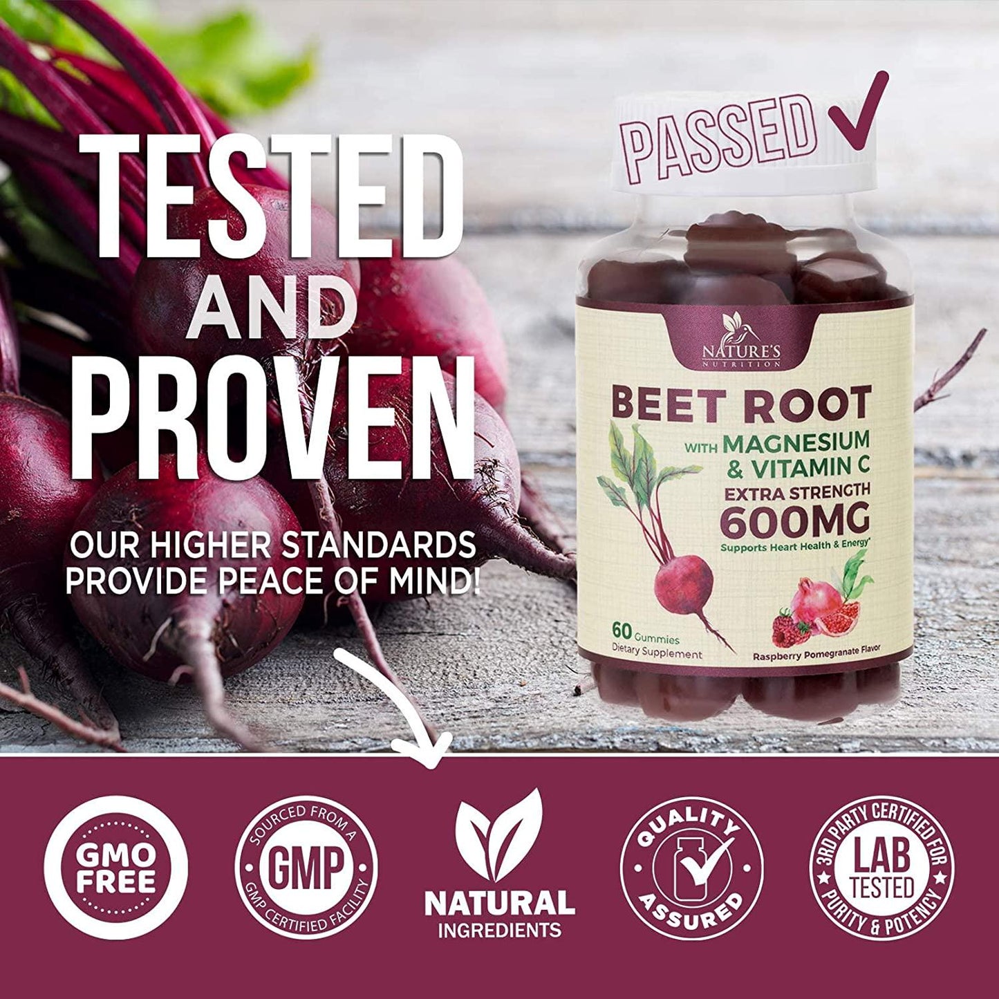 Beet Root Gummies Extra Strength 600mg with Antioxidants Magnesium and Vitamin C - for Natural Nitric Oxide Production, Immune Support, Natural Energy, Heart Health - Best Vegan, Non-GMO - 60 Gummies