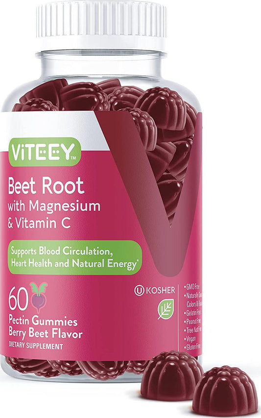 Beet Root Gummies with Magnesium and Vitamin C - Supports Healthy Circulation and Blood Pressure - Energy and Nitric Oxide Booster, Dietary Supplement and Immune Health - Berry Beet Flavor [60 Count 1 Pack]