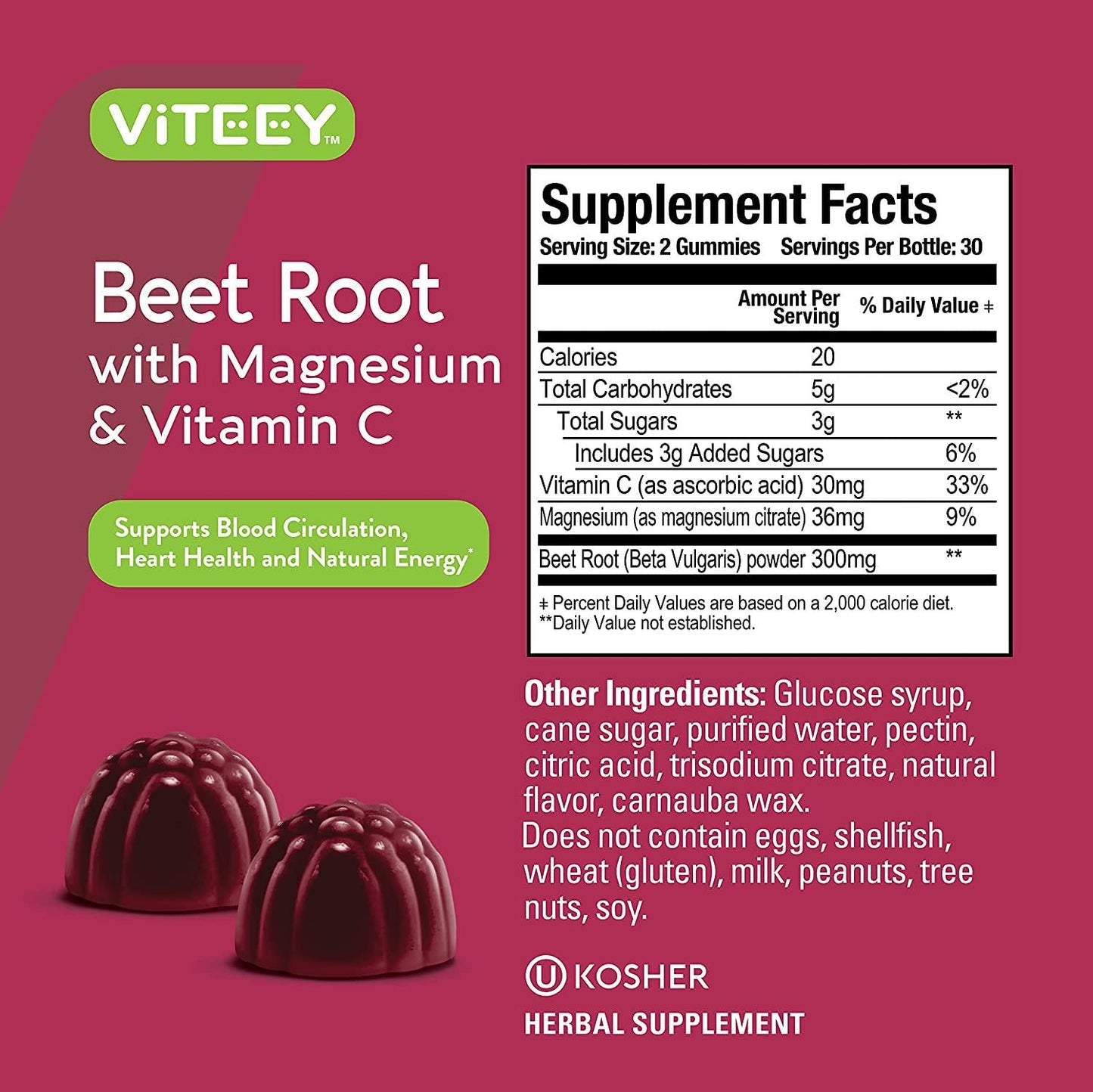 Beet Root Gummies with Magnesium and Vitamin C - Supports Healthy Circulation and Blood Pressure - Energy and Nitric Oxide Booster, Dietary Supplement and Immune Health - Berry Beet Flavor [60 Count 1 Pack]
