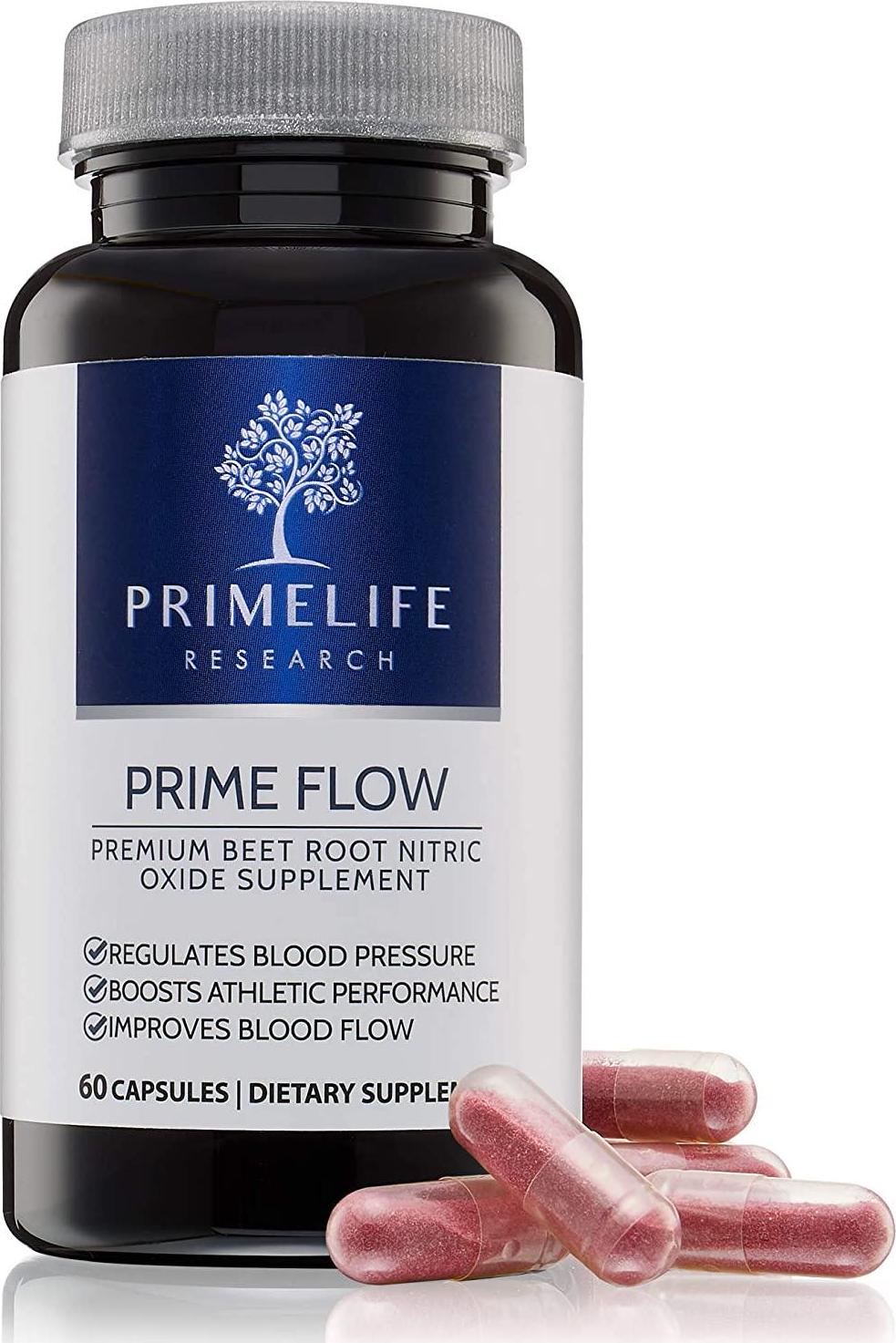 Beet Root Nitric Oxide Supplement - Prime Flow | Daily Dietary Nitrate Supplement | Lower Blood Pressure Naturally | Improve Heart Health | Increase Blood Flow and Circulation, 60 Capsules