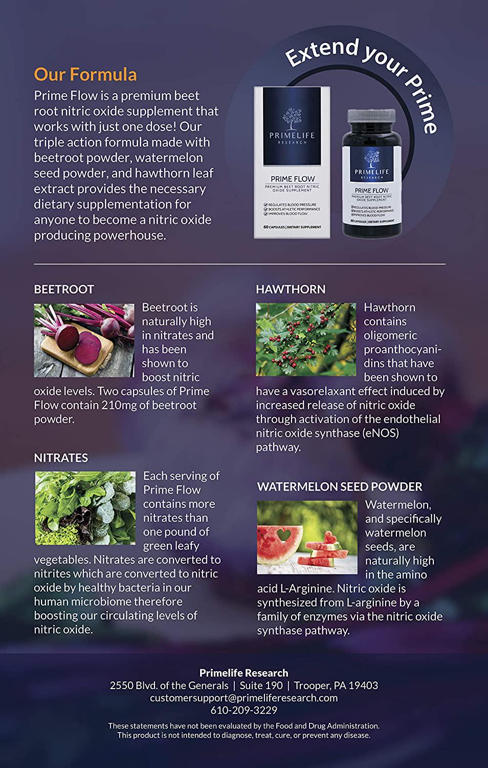 Beet Root Nitric Oxide Supplement - Prime Flow | Daily Dietary Nitrate Supplement | Lower Blood Pressure Naturally | Improve Heart Health | Increase Blood Flow and Circulation, 60 Capsules