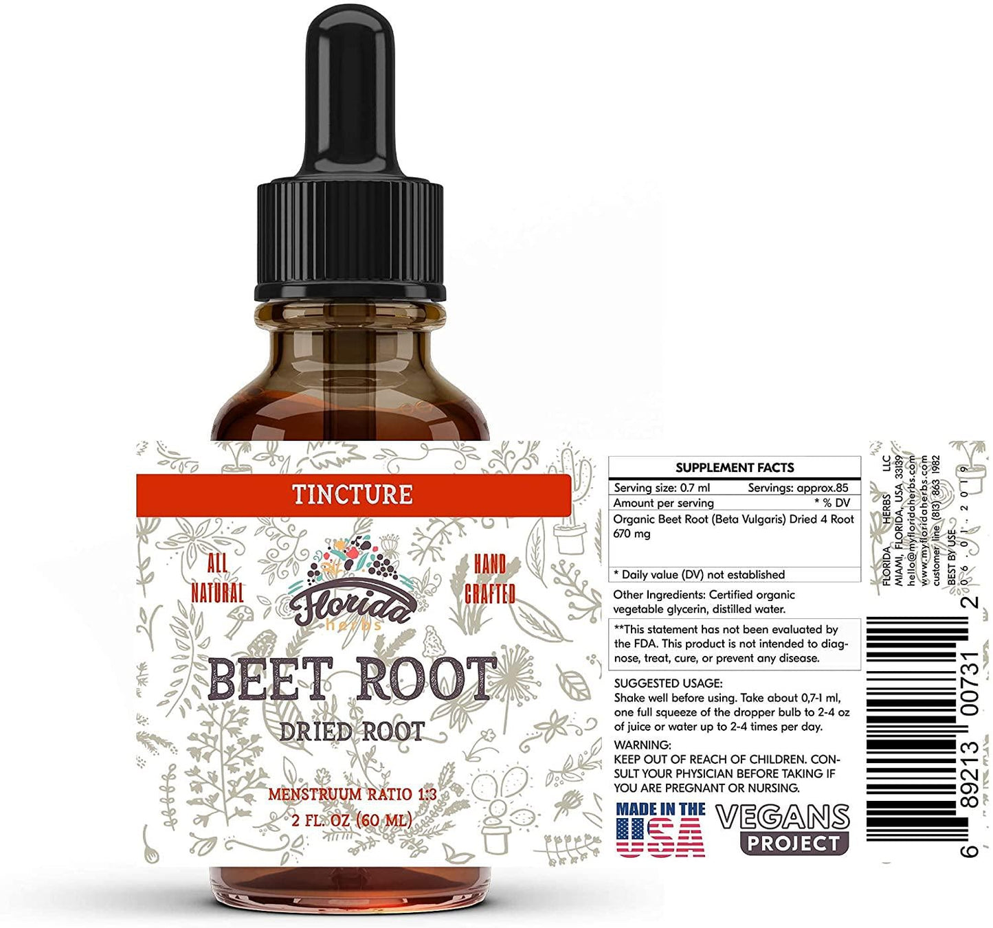 Beet Root Tincture Organic Beet Root Extract (Beta Vulgaris) Dried Root, Organic Supplement, Non-GMO in Cold-Pressed Organic Vegetable Glycerin, 2 oz (60 ml)