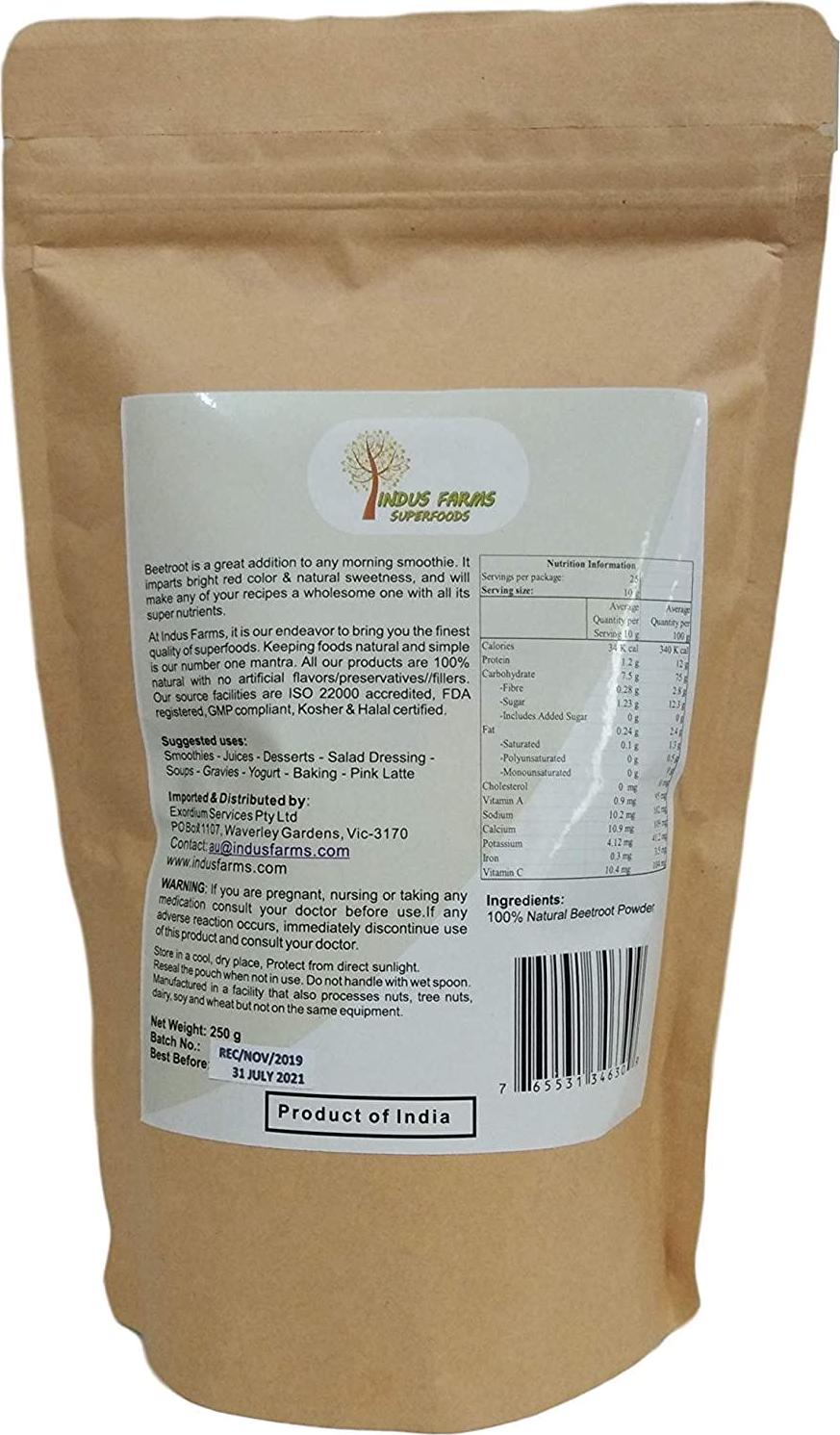 Beetroot Powder Superfood 100% Natural Boost Health Fitness Stamina Energy - Smoothies Pre work out Supplement Baking Food Colour 250 gms