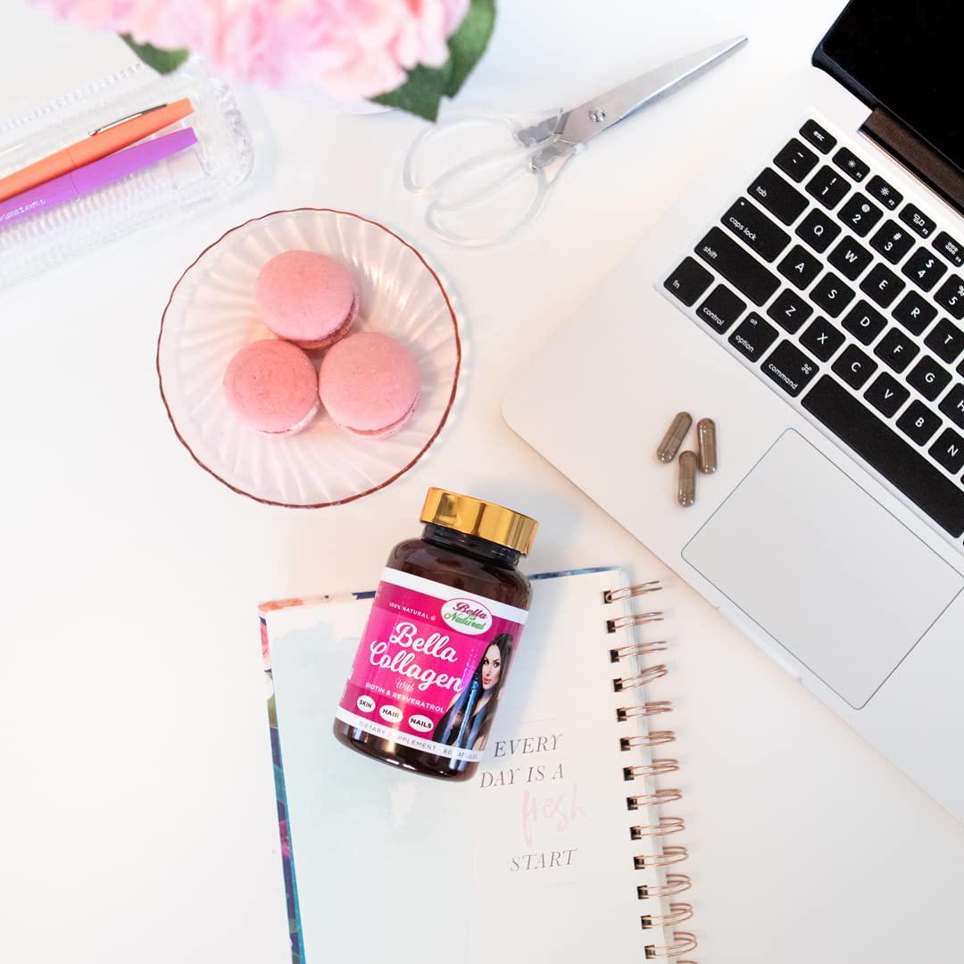 Bella All Natural Collagen with Biotin and Resveratrol - Hair, Skin and Nails Vitamins - 60 Capsules