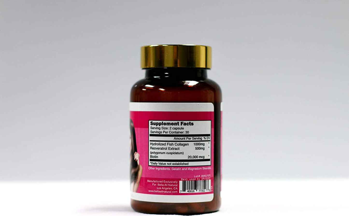 Bella All Natural Collagen with Biotin and Resveratrol - Hair, Skin and Nails Vitamins - 60 Capsules