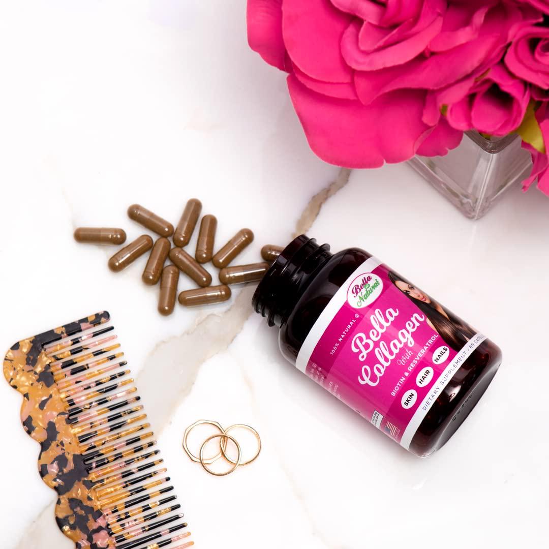 Bella All Natural Collagen with Biotin and Resveratrol - Hair, Skin and Nails Vitamins - 60 Capsules