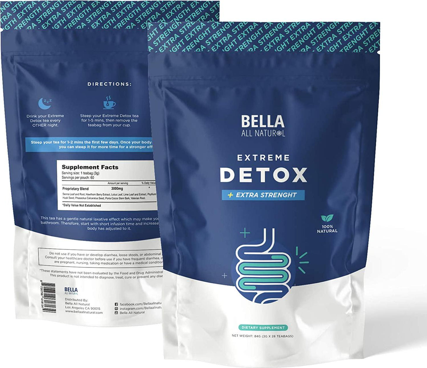 Bella All Natural Extreme Detox Tea - Body Cleanse, Colon Cleanser and Detox - (2 Month Supply)