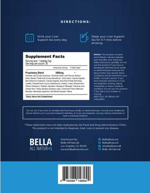 Bella All Natural Liver Support Tea - Liver Cleanse, Detox and Repair Fatty Liver, 30 bags