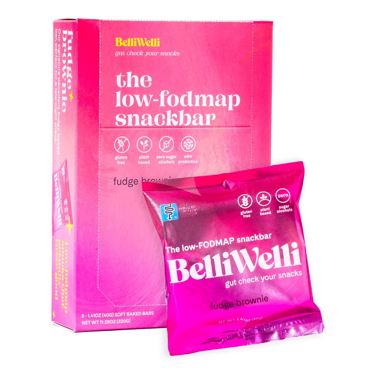 BelliWelli Vegan, Gluten-Free Fudge Brownie Snack Bar (8-Pack) - Low FODMAP Certified, Dairy Free, 100% Gut Friendly and Contains Probiotics | Enjoy Guilt-Free Dessert for Breakfast!