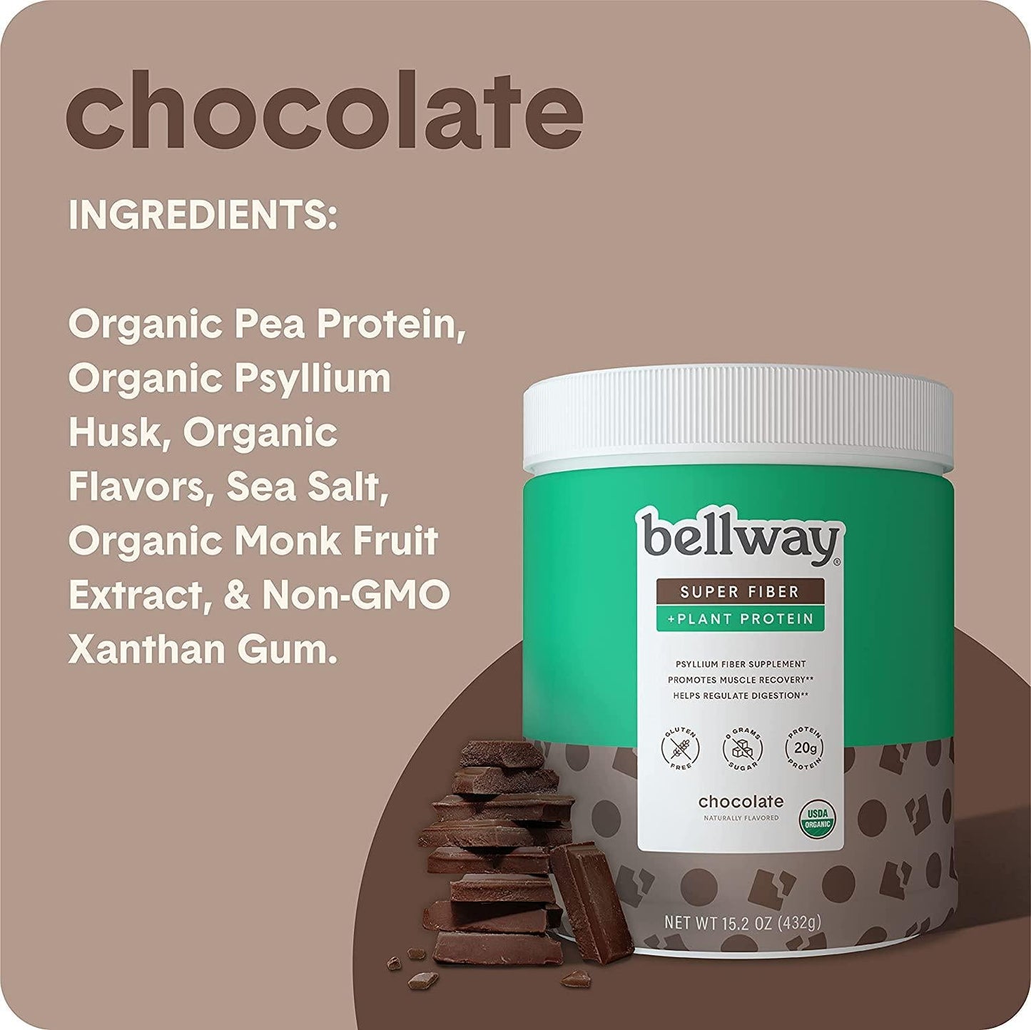 Bellway Sugar-Free Psyllium Husk Fiber Supplement with Plant Protein, Chocolate, 15.2 oz.