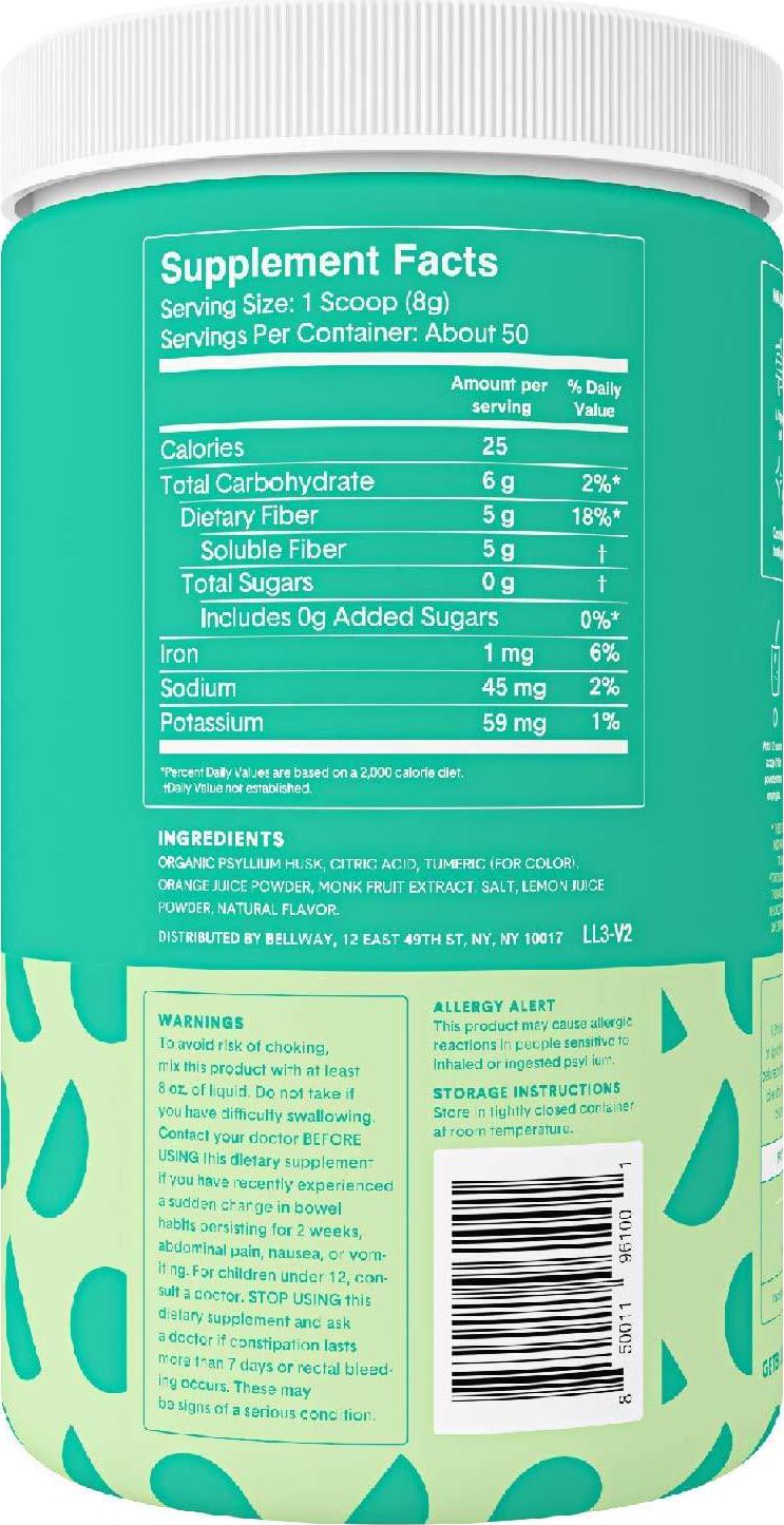 Bellway Sugar-Free Psyllium Husk Fiber Supplement, Lemon Lime, 13.8 oz.