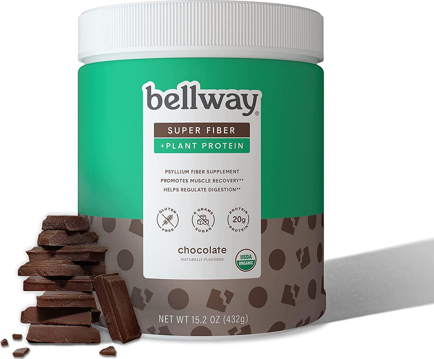 Bellway Sugar-Free Psyllium Husk Fiber Supplement with Plant Protein, Chocolate, 15.2 oz.