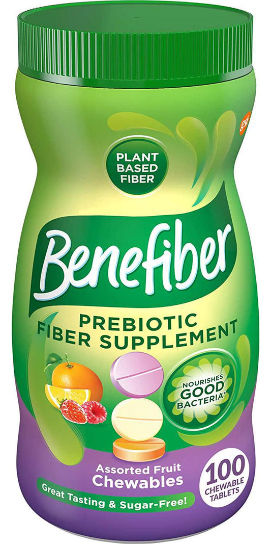 Benefiber Daily Prebiotic Fiber Supplement, Chewable Tablet for Digestive Health, Assorted Fruit, Sugar Free, 100 Count