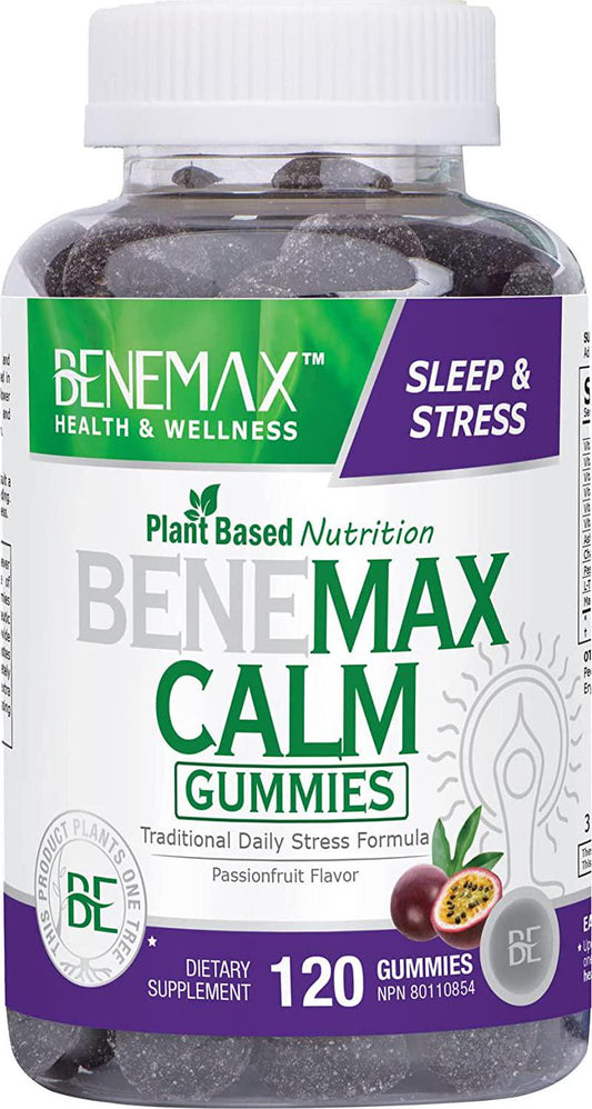 Benemax Calm Suger Free Sleep and Stress Gummies. 100% Plant-Based. Doctor Formulated Herbal Remedy for Stress Relief and Anxiety Reduction. Delicious Natural Strawberry Flavor 120 Gummies