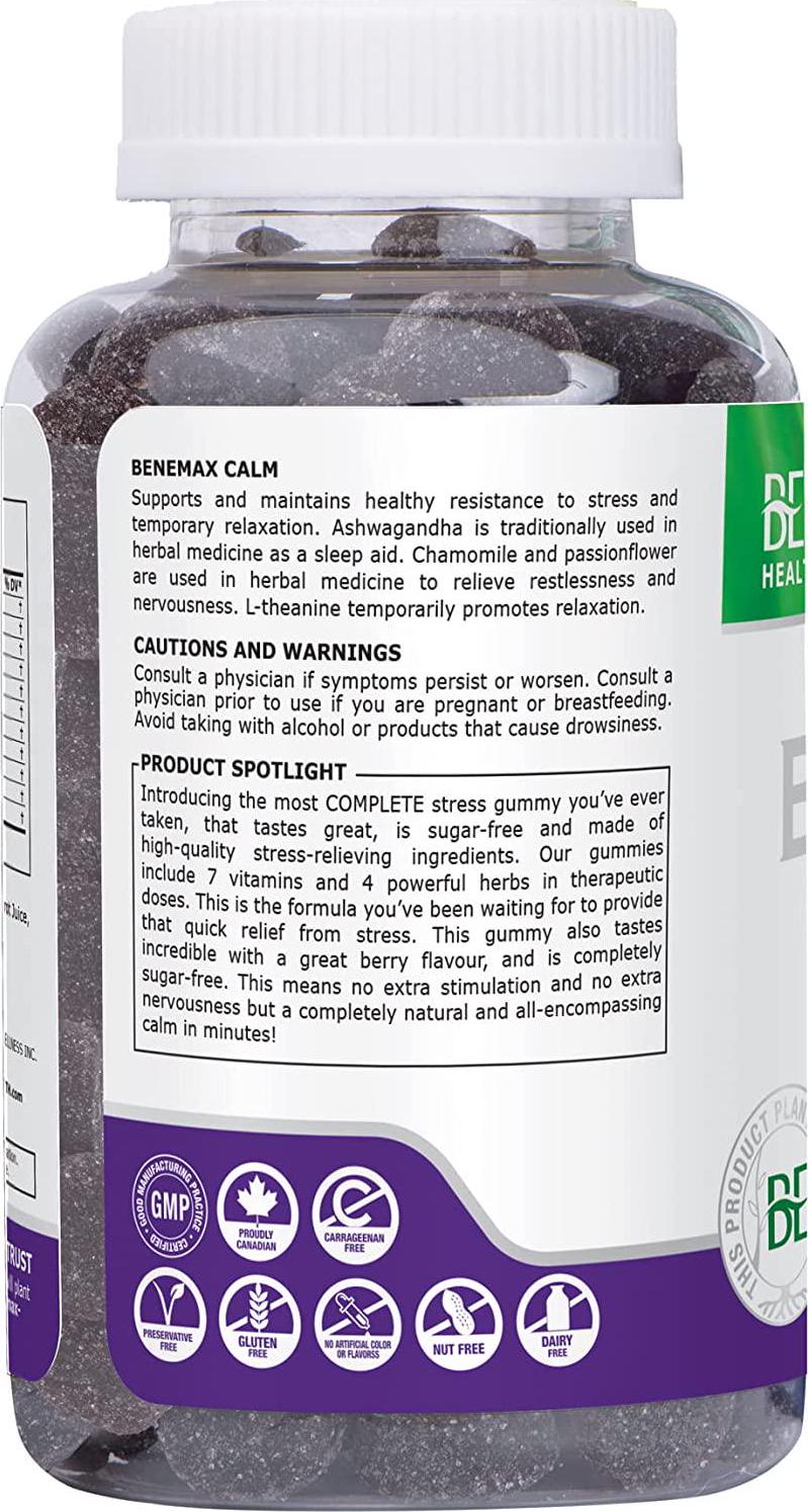 Benemax Calm Suger Free Sleep and Stress Gummies. 100% Plant-Based. Doctor Formulated Herbal Remedy for Stress Relief and Anxiety Reduction. Delicious Natural Strawberry Flavor 120 Gummies