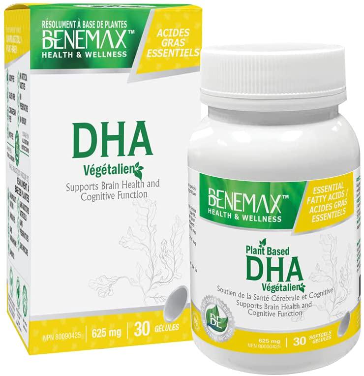 Benemax DHA. Plant Based - Vegan Certified. Omega-3 Brain Health. Fast/High Absorption. 625mg. 2 Pack x 30 = 60 Liquid Softgels