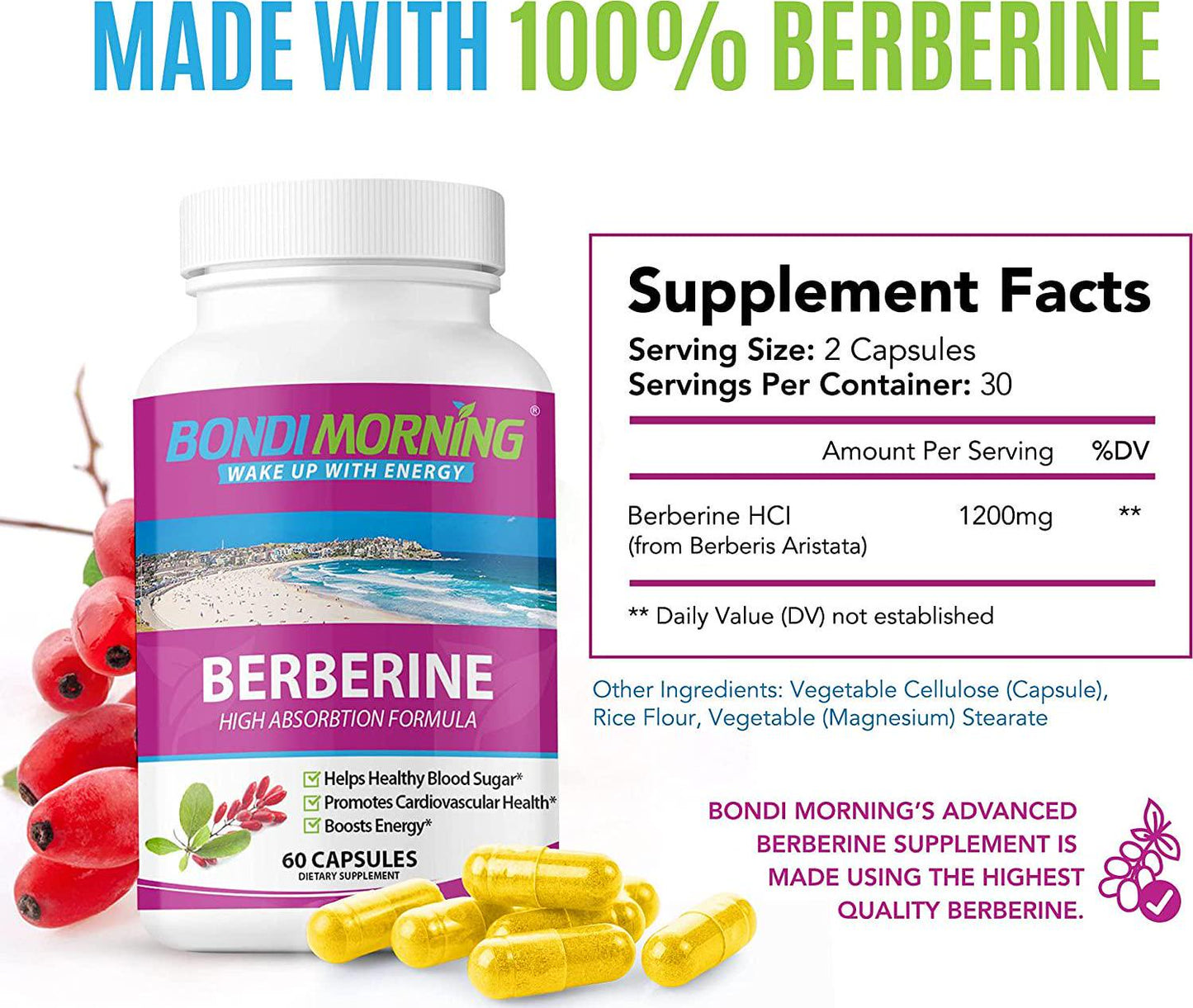 Berberine HCL Supplement, High Potency 1200mg Per Serving, for Blood Sugar and Cardiovascular Support, Powerful Vegan, Gluten Free, Non-GMO Complex for Weight Loss, 60 Capsules