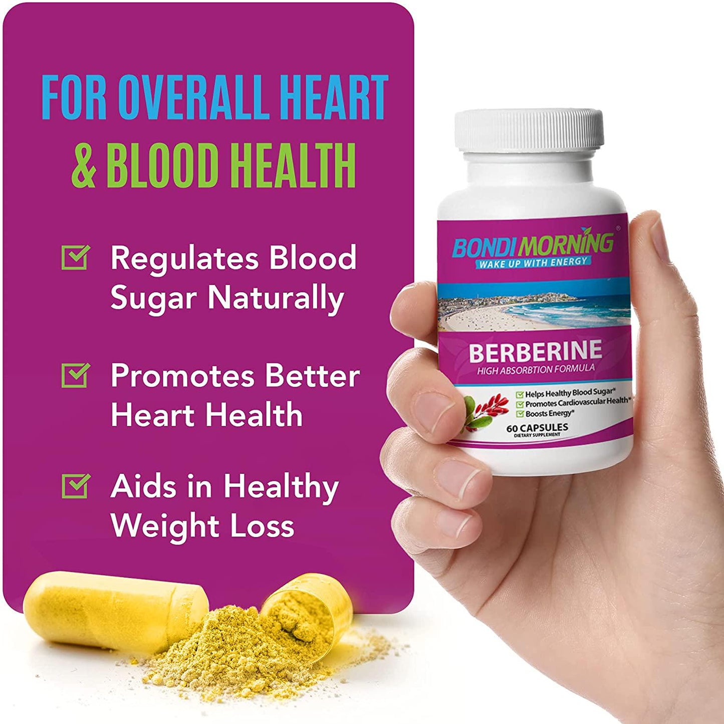 Berberine HCL Supplement, High Potency 1200mg Per Serving, for Blood Sugar and Cardiovascular Support, Powerful Vegan, Gluten Free, Non-GMO Complex for Weight Loss, 60 Capsules