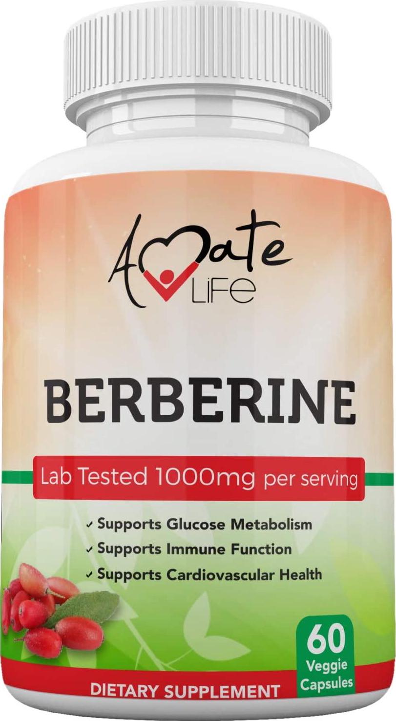 Berberine Supplement (60 Vegetable Capsules) | Infused with Natural Berberine HCI for Immune Support | Supports Heart, Metabolism and Blood Sugar Health | Non-GMO Formula | Made in USA by Amate Life