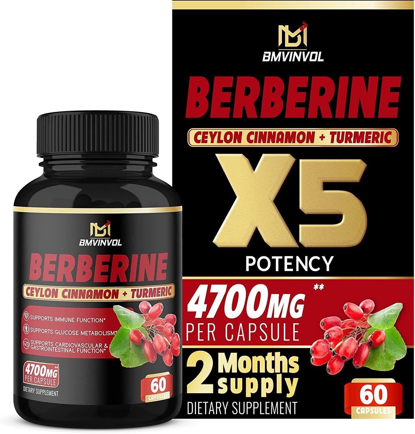 Berberine Supplement 4700mg - Supports Immune Function, Improves Cardiovascular Heart and Gastrointestinal Wellness - Berberine HCI Supplement - 60 Capsules*