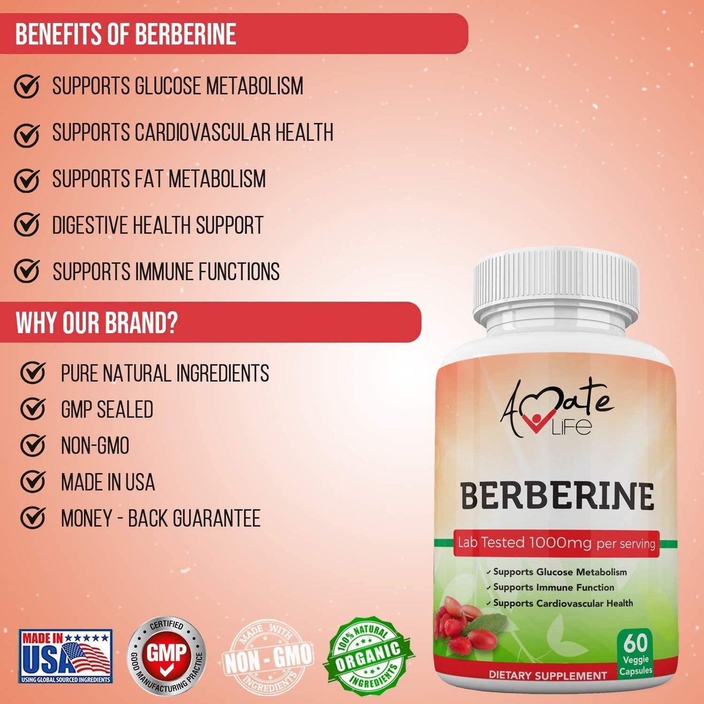Berberine Supplement (60 Vegetable Capsules) | Infused with Natural Berberine HCI for Immune Support | Supports Heart, Metabolism and Blood Sugar Health | Non-GMO Formula | Made in USA by Amate Life