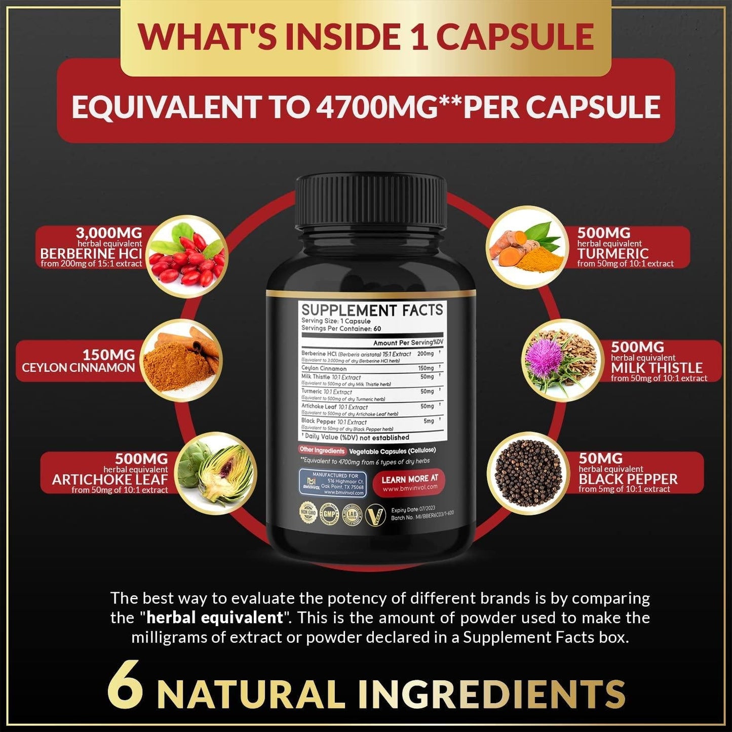 Berberine Supplement 4700mg - Supports Immune Function, Improves Cardiovascular Heart and Gastrointestinal Wellness - Berberine HCI Supplement - 60 Capsules*