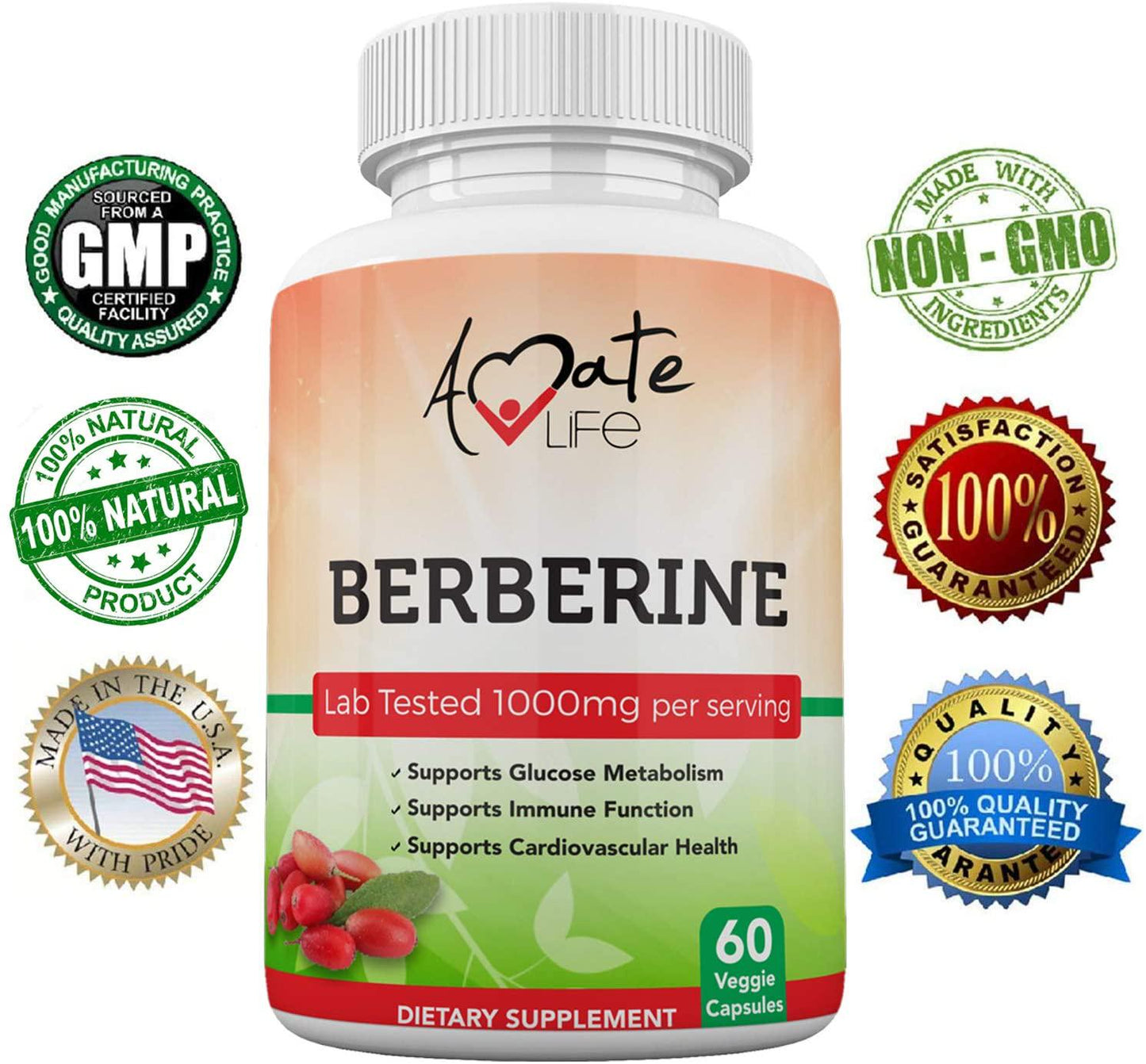 Berberine Supplement (60 Vegetable Capsules) | Infused with Natural Berberine HCI for Immune Support | Supports Heart, Metabolism and Blood Sugar Health | Non-GMO Formula | Made in USA by Amate Life
