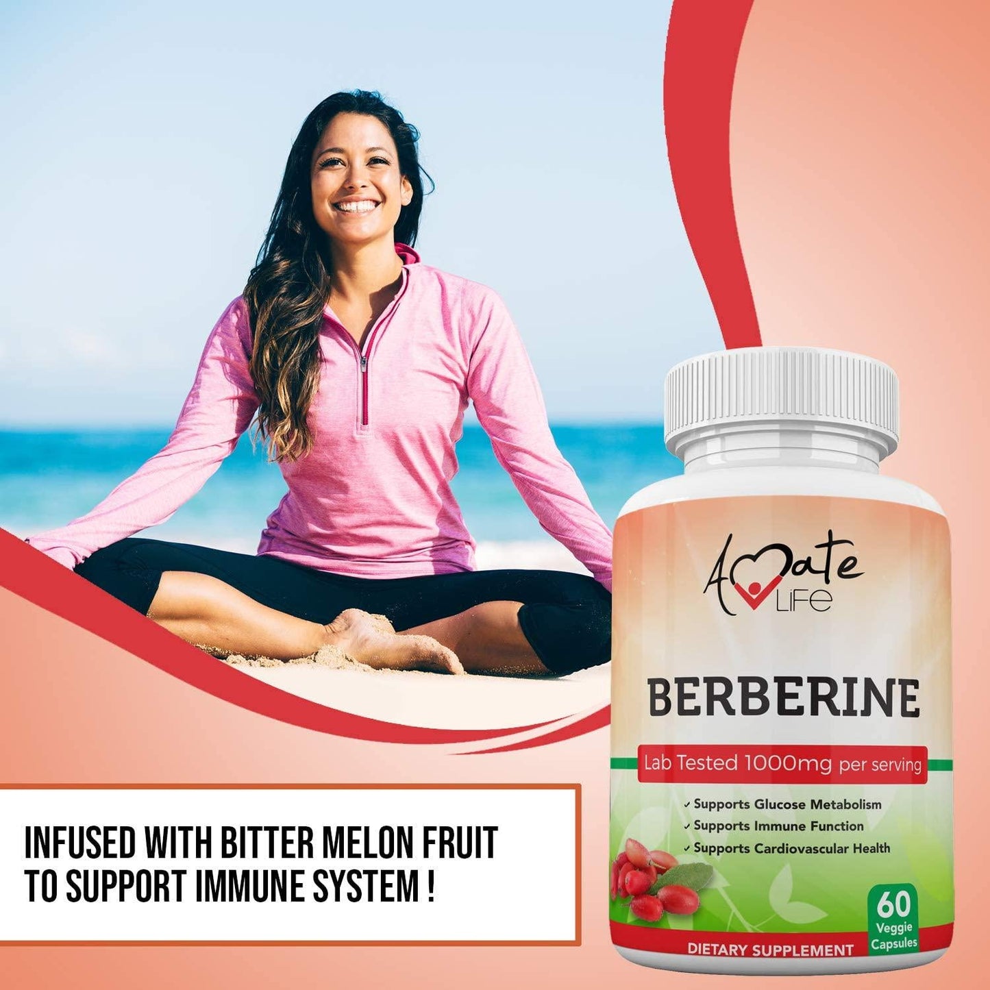 Berberine Supplement (60 Vegetable Capsules) | Infused with Natural Berberine HCI for Immune Support | Supports Heart, Metabolism and Blood Sugar Health | Non-GMO Formula | Made in USA by Amate Life